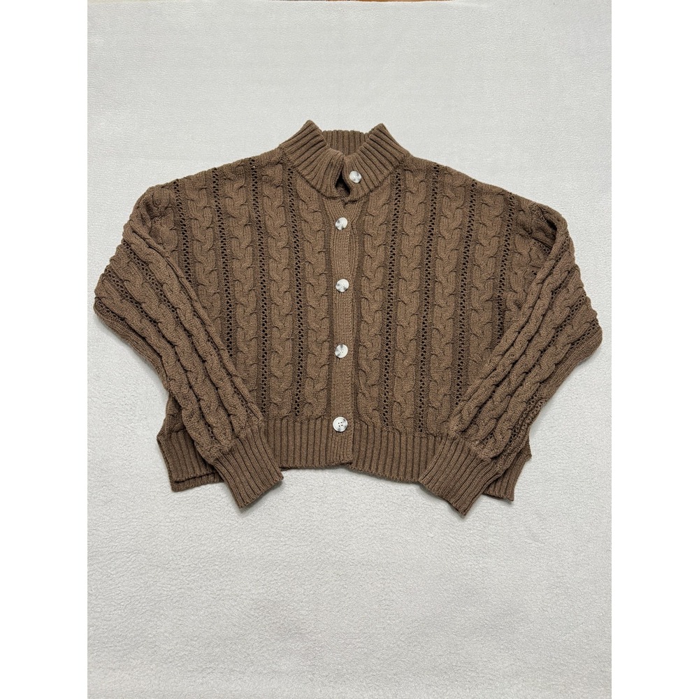 ABLE Cardigan Sweater Womens M Brown Cable Knit Cotton Blend Mock Neck Button